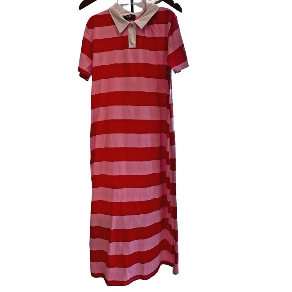 Retro Fox Dress XL Pink Red Stripe Short Sleeve Polo Collar Maxi Preppy